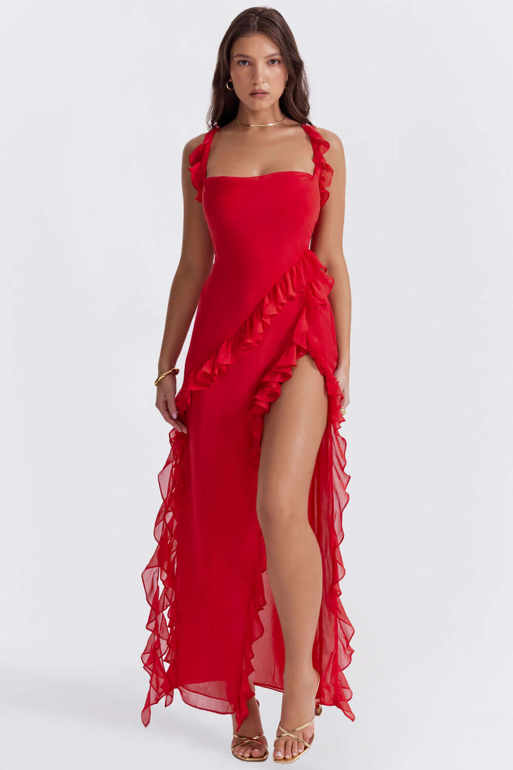Zofia - Elegancka Sukienka z Rękawem i Falbanami