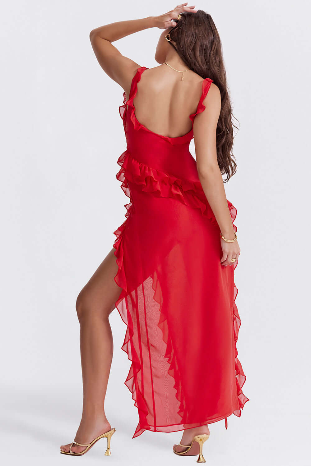 Zofia - Elegancka Sukienka z Rękawem i Falbanami