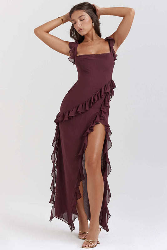 Zofia - Elegancka Sukienka z Rękawem i Falbanami
