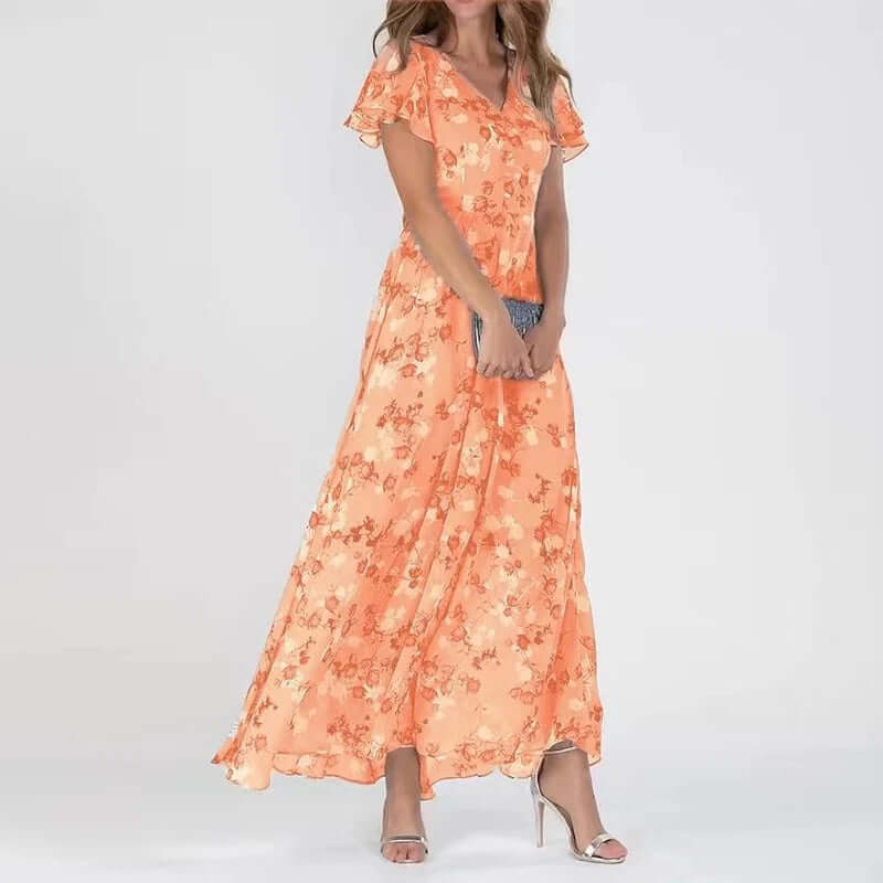 Karolina - Letnia Maxi Sukienka w Kwiaty z Eleganckim Akcentem