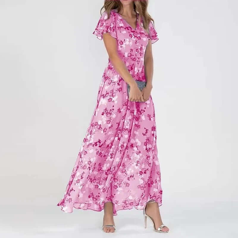Karolina - Letnia Maxi Sukienka w Kwiaty z Eleganckim Akcentem